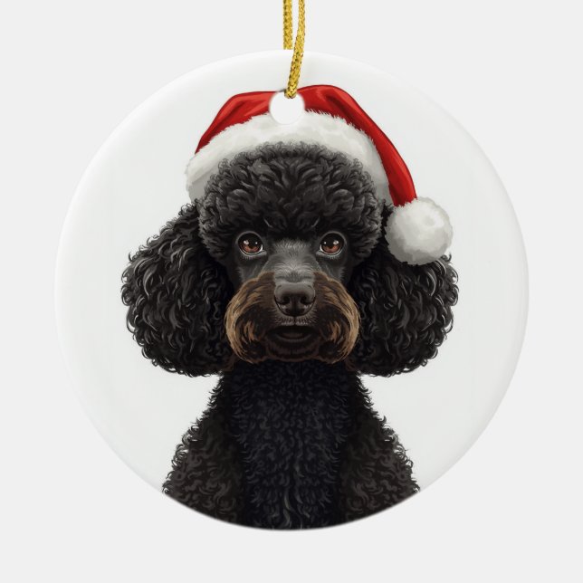 Festive Black Poodle Dog in Santa Hat Illustration Ceramic Tree Decoration (Front)