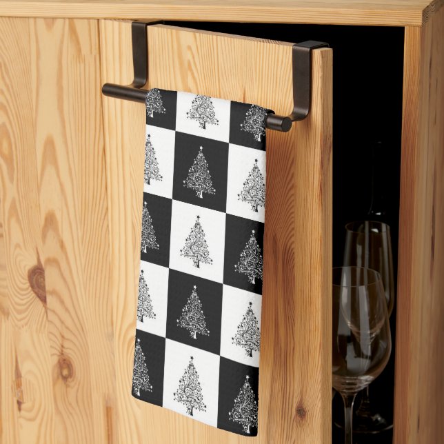 Festive Black White Chequered Christmas Trees Tea Towel (Thirds Fold)