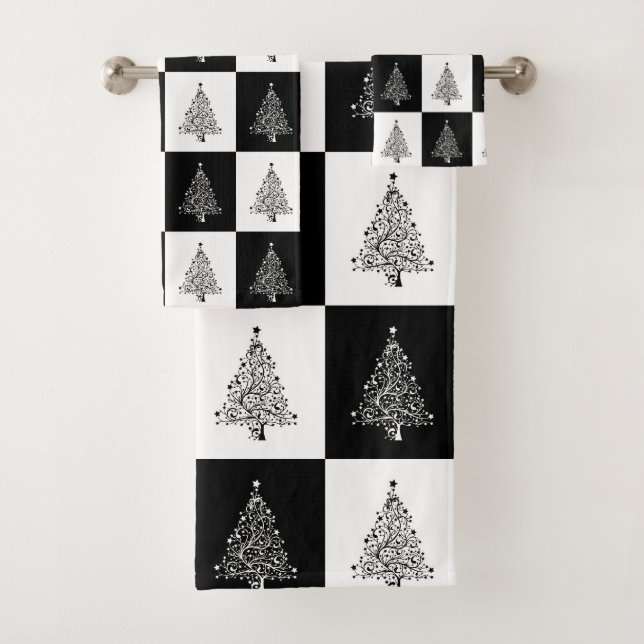 Festive Black White Christmas Trees Pattern Bath Towel Set (Insitu)