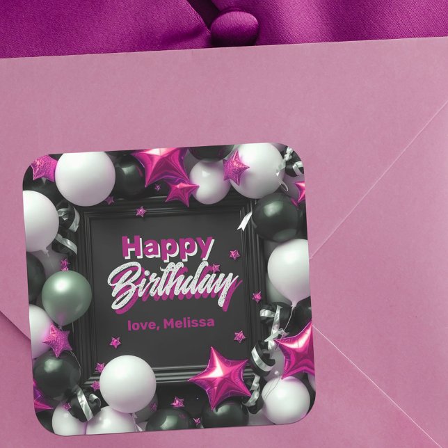 Festive Black White Metallic Pink Balloon Birthday Square Sticker (Creator Uploaded)