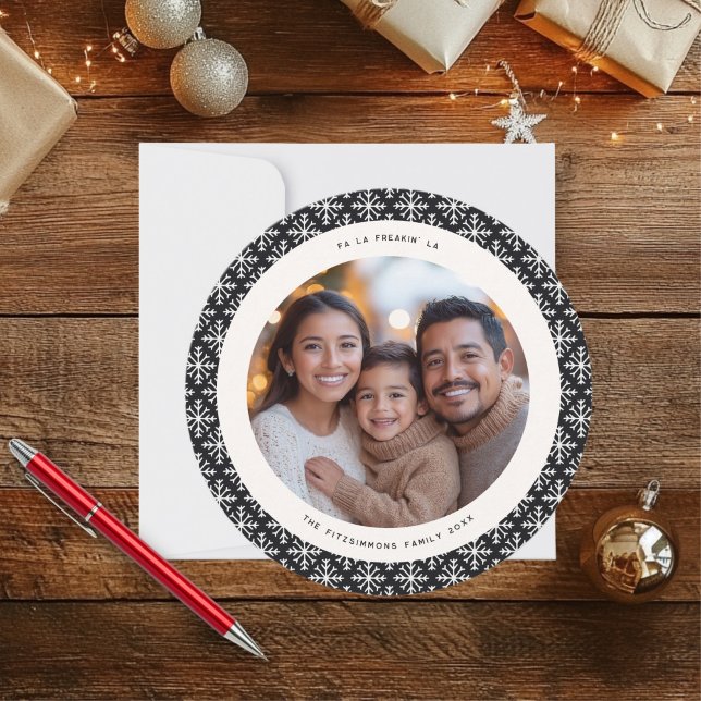 Festive Black & White Modern Photo Christmas Card (Neutral Snowflake Modern Christmas Circle Card black)