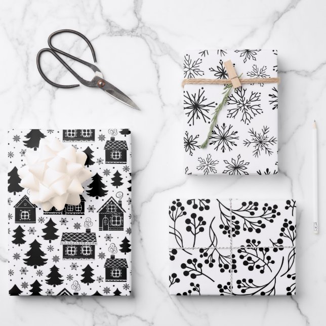 Festive black white tiled Christmas Wrapping Paper Sheet (Front)