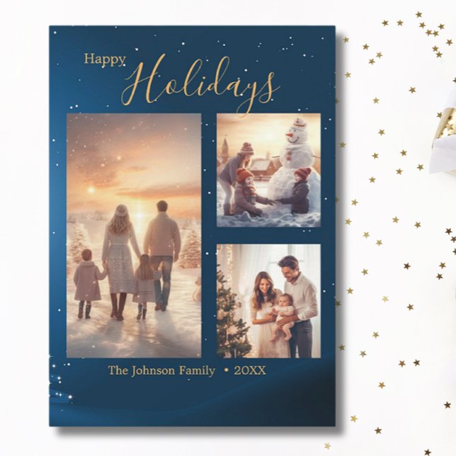 Festive Blue 3 Photo Collage Modern Christmas  Holiday Card (Creator Uploaded)