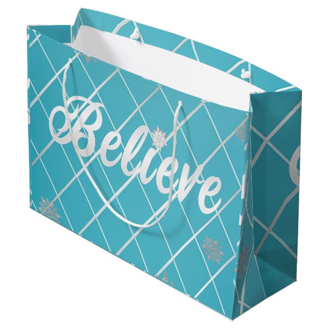 Festive Blue and Silver 'Believe' Holiday  Large Gift Bag (Back Angled)