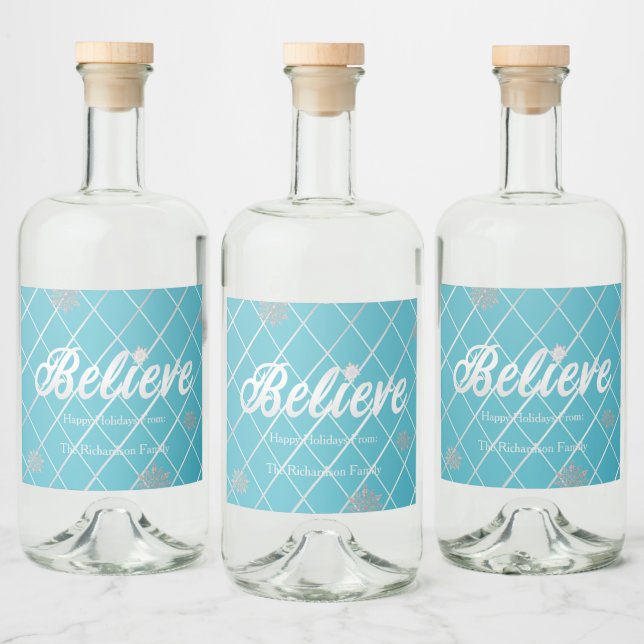 Festive Blue and Silver 'Believe' Holiday  Liquor Bottle Label (Bottles)