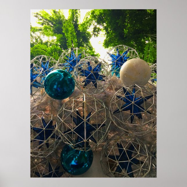 Festive Blue and Silver Christmas Ornaments Poster (Front)