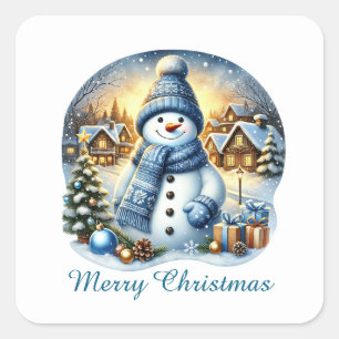 Festive blue Christmas customisable snowman  Square Sticker