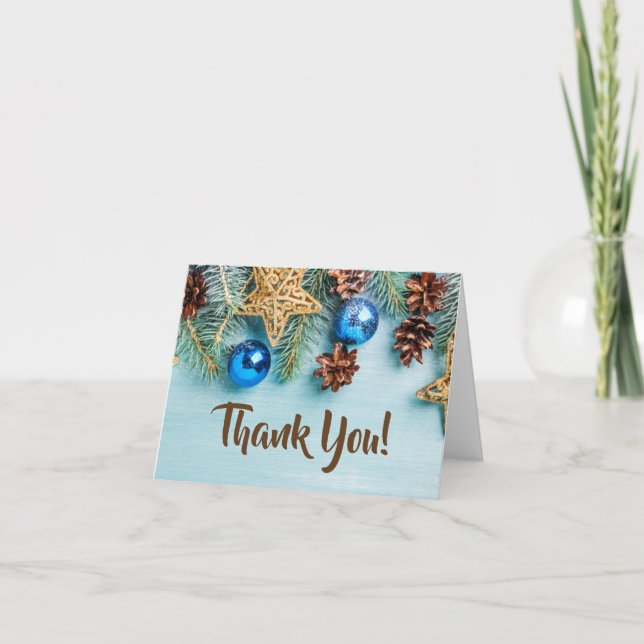 Festive Blue Christmas Holiday Thank You Card (Front)