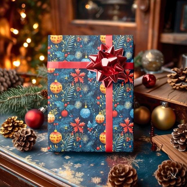 Festive Blue Christmas Ornaments & Foliage Pattern Wrapping Paper (Creator Uploaded)