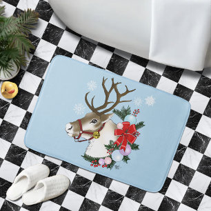Festive Blue Christmas Reindeer Wreath Bath Mat
