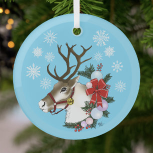 Festive Blue Christmas Reindeer Wreath  Glass Tree Decoration