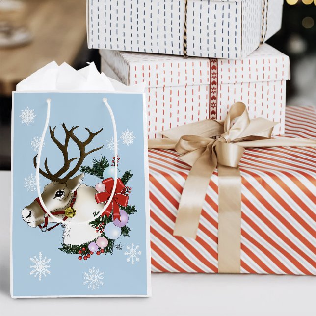 Festive Blue Christmas Reindeer Wreath  Medium Gift Bag (Creator Uploaded)