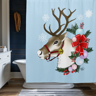 Festive Blue Christmas Reindeer Wreath Shower Curtain