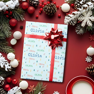 Festive Blue Christmas Repeating Name Personalised Wrapping Paper