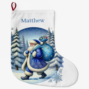 Festive blue Christmas Santa add name Large Christmas Stocking
