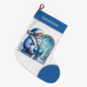 Festive blue Christmas Santa add name  Large Christmas Stocking