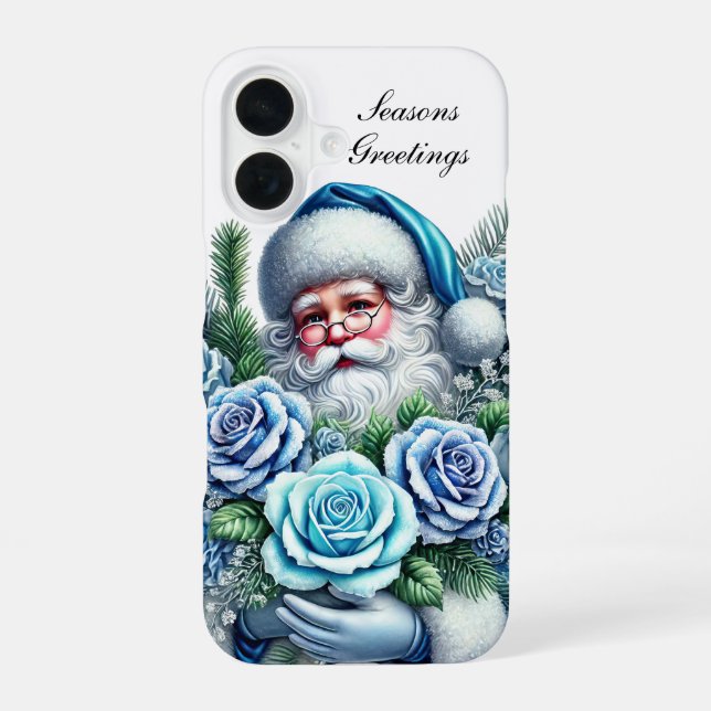Festive blue Christmas Santa customisable iPhone 16 Case (Back)