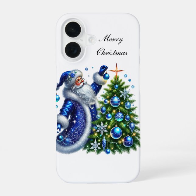 Festive blue Christmas Santa customisable iPhone 16 Case (Back)