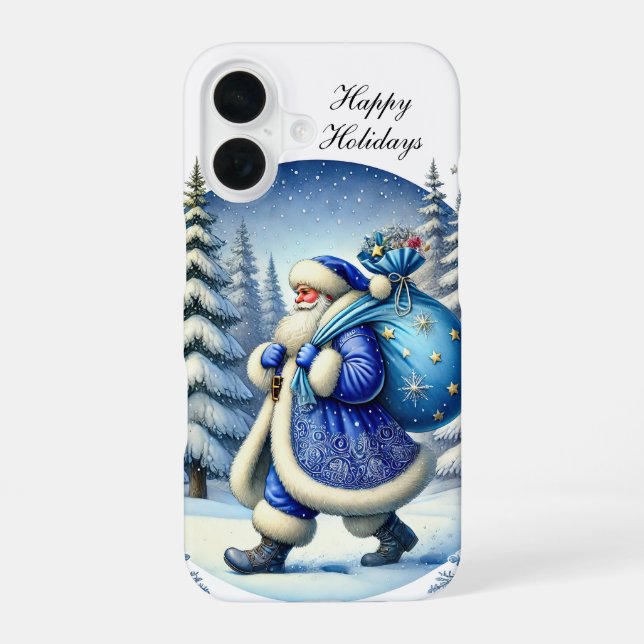Festive blue Christmas Santa customisable  iPhone 16 Case (Back)