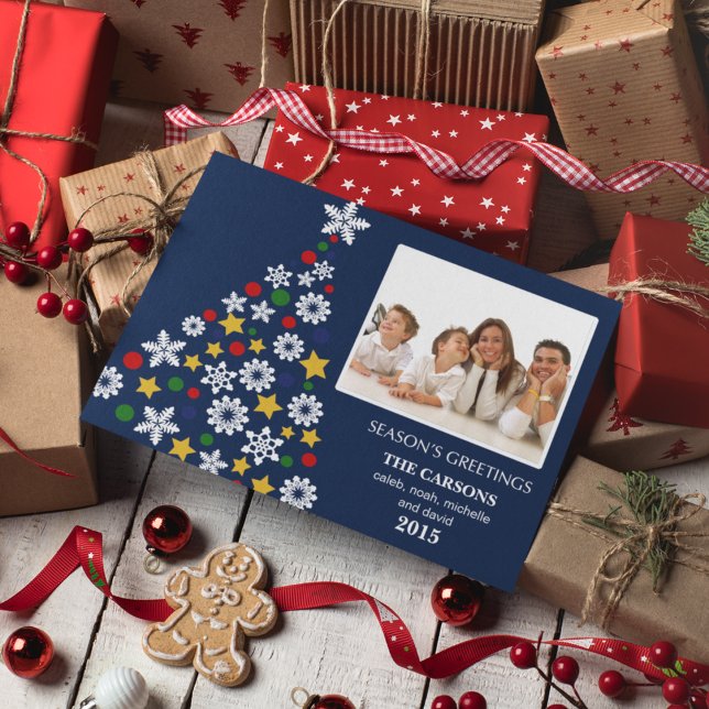 Festive Blue Christmas Tree Holiday Photocard Card (Creator Uploaded)