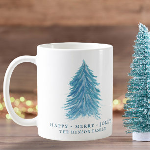 Festive Blue Christmas Tree Watercolor Holiday Coffee Mug