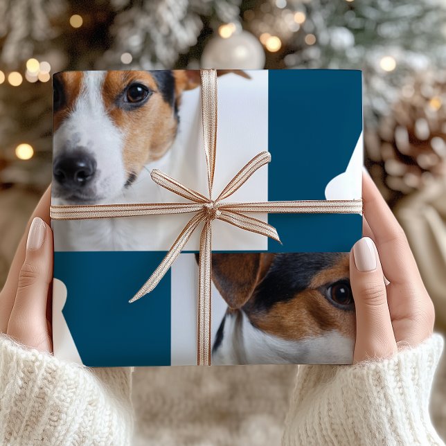 Festive Blue Dog Bones Photo Collage Christmas Wrapping Paper (Creator Uploaded)