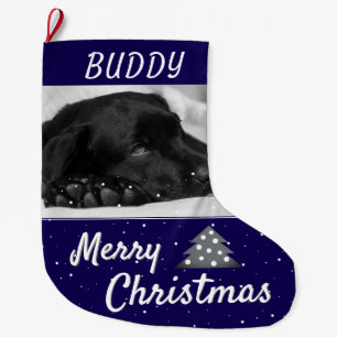 Festive Blue Dog Pet Name and Photo Large Christmas Stocking