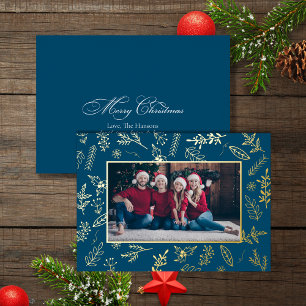 Festive Blue Gold Christmas Botanicals Photo Card