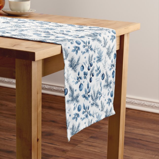 Festive Blue Holly Berries and Pine Christmas Short Table Runner (In Situ)