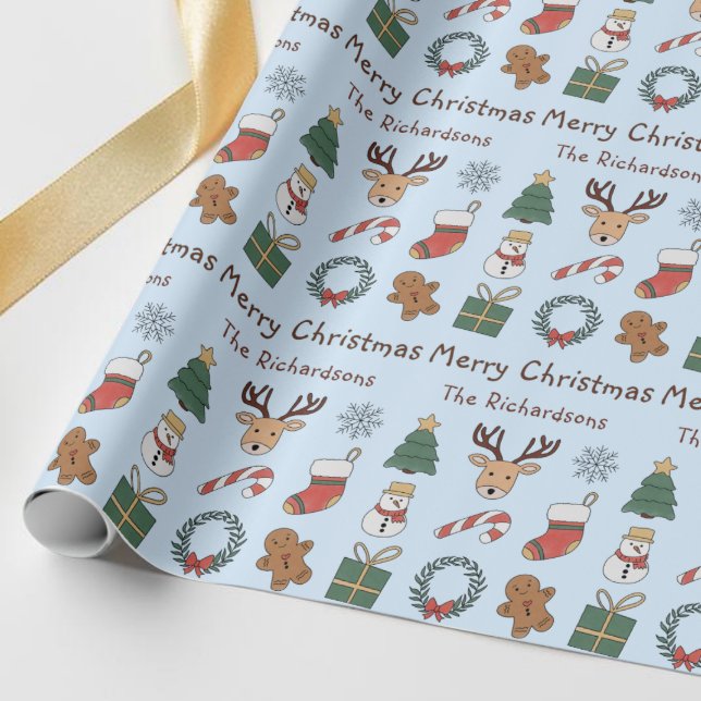 Festive Blue Merry Christmas Cute Holiday Pattern Wrapping Paper (Festive Blue Merry Christmas Cute Holiday Pattern Wrapping Paper)
