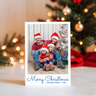 Festive Blue Merry Christmas with Photo Holiday Card