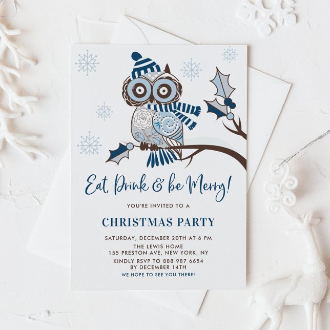Festive Blue Owl Botanical Christmas Party Invitation (Creator Uploaded)