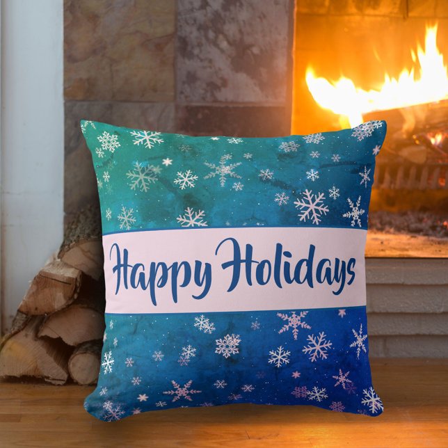 Festive Blue Pink Snowflake Pattern Happy Holidays Cushion (Creator Uploaded)