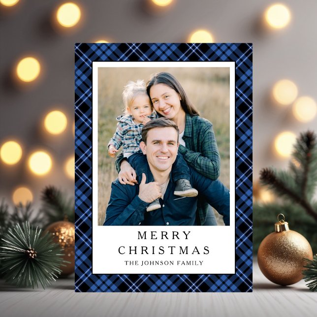 Festive Blue Plaid Photo Christmas Holiday Card (Festive Blue Plaid Photo Christmas Holiday Card)