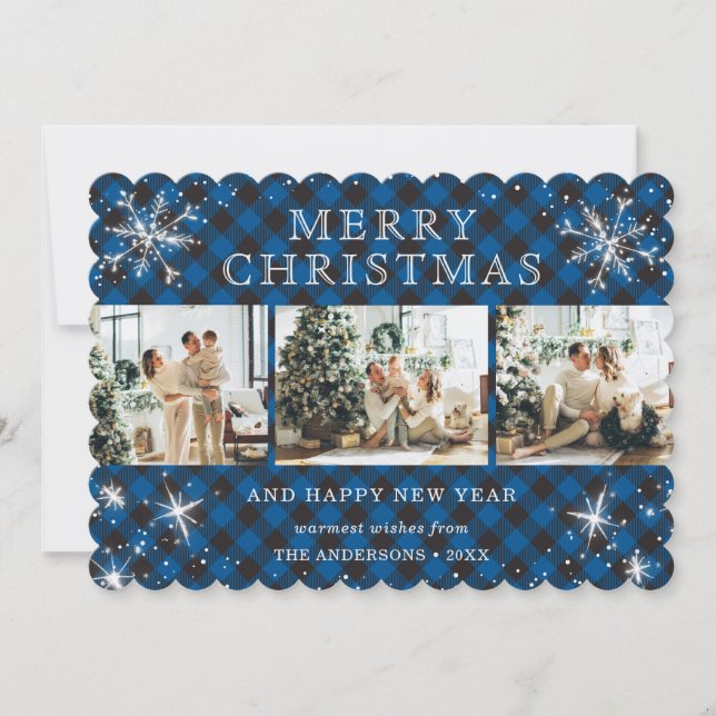 Festive Blue Plaid Sparkly Snowflake Photo Collage Holiday Card (Front)