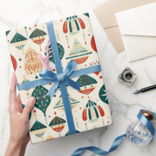 Festive Blue Red Ornaments Geometric Mid Century  Wrapping Paper