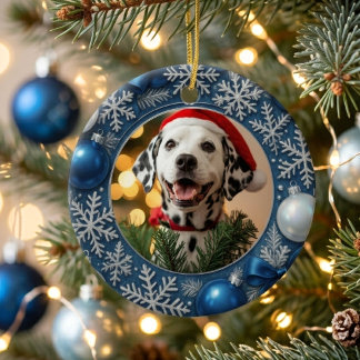 Festive Blue Silver Snowflake Custom Dog Pet Photo Ceramic Tree Decoration