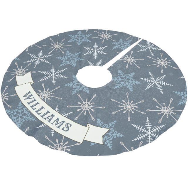 Festive Blue Snowflake Christmas Family Name Brushed Polyester Tree Skirt (Angled)