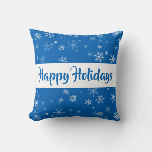 Festive Blue Snowflake Pattern Happy Holidays Cushion