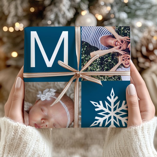 Festive Blue Snowflakes Photo Collage Christmas Wrapping Paper (Creator Uploaded)
