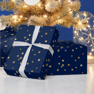 Festive Blue & Sparkly Gold Stars Holiday Wrapping Paper
