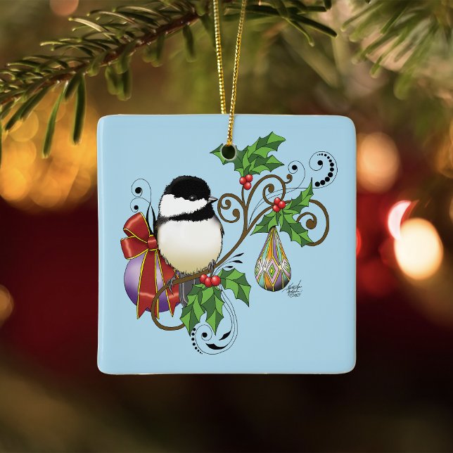 Festive Blue Vintage Christmas Chickadee Ceramic Ornament (Creator Uploaded)