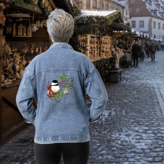 Festive Blue Vintage Christmas Chickadee  Denim Jacket (Creator Uploaded)
