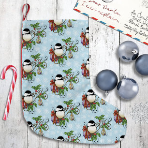 Festive Blue Vintage Christmas Chickadee Small Christmas Stocking