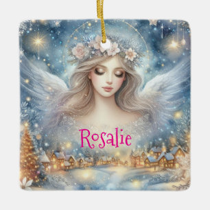 Festive Blue Watercolor Ethereal Frost Snow Angel Ceramic Ornament