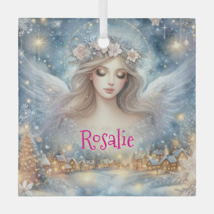 Festive Blue Watercolor Ethereal Frost Snow Angel Glass Tree Decoration