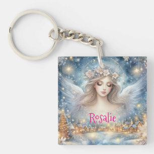 Festive Blue Watercolor Ethereal Frost Snow Angel Key Ring