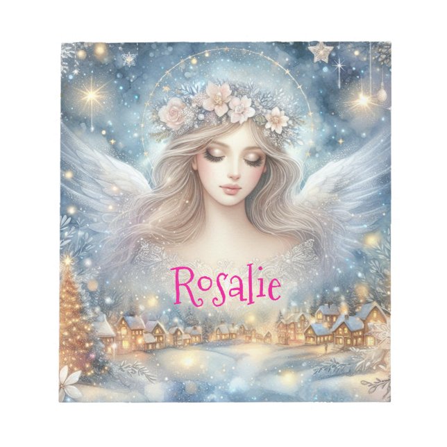 Festive Blue Watercolor Ethereal Frost Snow Angel Notepad (Front)