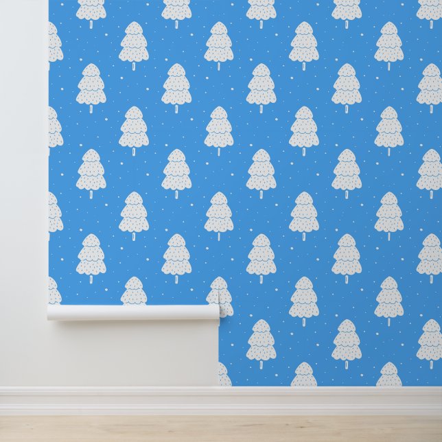 Festive blue white Christmas tree pattern tiled Wallpaper (Application)