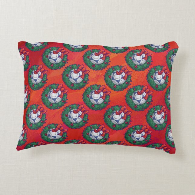 Festive Blue, White Soccer Ball Pattern on Red Decorative Cushion (Back)